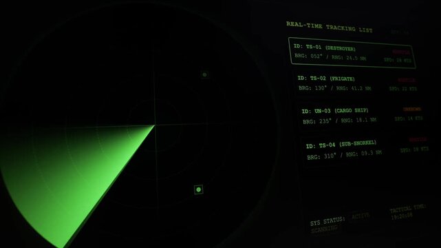 A vintage green radar HUD screen scanning targets next to a detailed real-time tracking list.