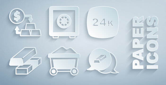 Set Mine cart with gold, Gold bars 24k, exchange money, Safe and icon. Vector