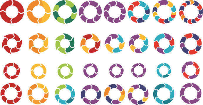 Colorful circular arrow process diagrams, business infographic cycle charts, multi-step round flow elements, loop icons for data visualization presentation.