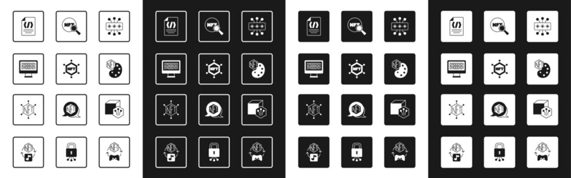 Set Cyber security, NFT blockchain technology, Binary code, Digital crypto art, Search, and icon. Vector
