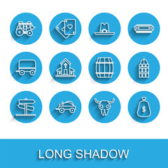 Fototapeta premium Set line Road traffic signpost, Wild west covered wagon, Western stagecoach, Buffalo skull, Money bag, Church building, Detonate dynamite bomb stick and Wooden barrel icon. Vector