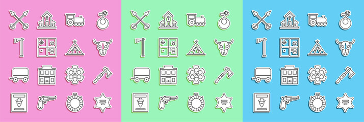 Set line Hexagram sheriff, Tomahawk axe, Buffalo skull, Retro train, Treasure map, Crossed arrows and Indian teepee or wigwam icon. Vector © Vadim