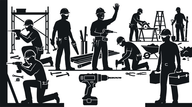 Construction worker silhouettes, building contractor icons, industrial labor figures, handyman tools, site engineers, carpenter working, house renovation, repair service, 
