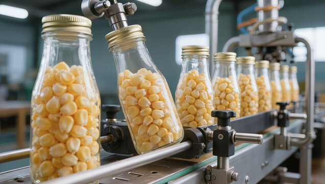 Automated line of glass bottles filled with raw corn kernels moving on an industrial conveyor belt, representing food packaging, agricultural production, and manufacturing process