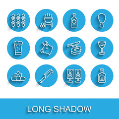 Fototapeta premium Set line Campfire, Meat chopper, Grilled shish kebab, Stereo speaker, Sauce bottle, Cow head, Wine glass and Steak meat and knife icon. Vector