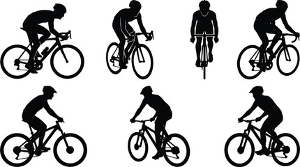 Fototapeta premium Cyclist silhouettes, mountain bike, road bicycle riders, cycling race, sport, fitness, extreme, competition, speed, outdoor, athlete, helmet, training, journey, active, lifestyle, isolated, exercise.