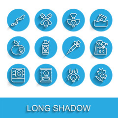 Fototapeta premium Set line Book about poisons, Radioactive waste in barrel, Snake, Poisonous spider, flower, Spray against insects, Smoke from factory and Syringe icon. Vector