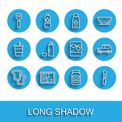 Fototapeta premium Set line Bread toast, Folded map, Spatula, Jam jar, Knife, Thermos container, Car and Glass of whiskey with ice icon. Vector