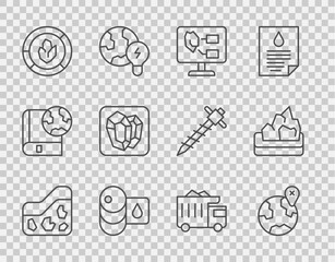 Set line Ground, Location on the globe, Soil analysis, Barrel, Gem stone, Mining dump truck and Ore mining icon. Vector © Vadim