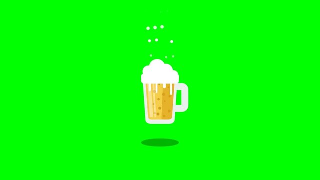Loopable animated flat vector beer glass mug with rising bubbles and dripping foam on chroma key green screen background
