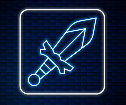 Glowing neon line Medieval sword icon isolated on brick wall background. Medieval weapon. Vector