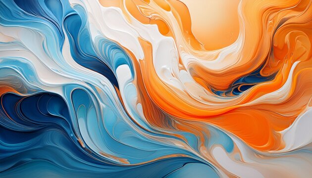 abstract painting with flowing vibrant colors in shades of orange blue and white