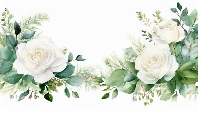 elegant watercolor white roses and greenery border on white background