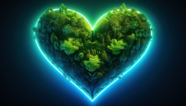vibrant green heart shaped forest illuminated by electric blue and green neon lights depicting ecological vitality climate change solutions and nature conservation
