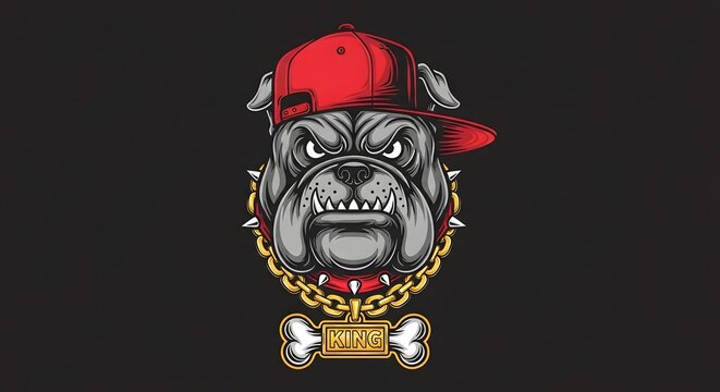 Fierce bulldog gangster mascot logo, vector cartoon illustration of an angry dog head wearing a red snapback cap, spiked collar, and gold chain with a king bone pendant isolated on a dark background