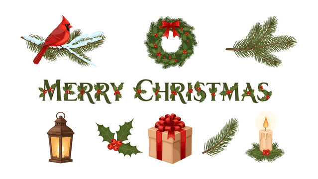 Christmas Holiday Elements: A festive collection of holiday icons, including a cardinal on a snowy branch, a decorated wreath, pine sprigs, a lantern, holly, a gift box, and a candle.