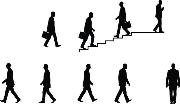 Businessmen silhouettes, walking executive manager carrying briefcase, climbing stairs of success, career growth development concept vector icon set, isolated background