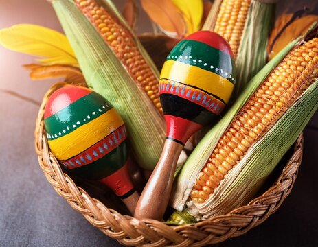 maracas decoradas en canasta rustica con hojas de maiz y plumas celebracion del cinco de mayo artesania tradicional mexicana ambiente festivo y cultural musica folclorica