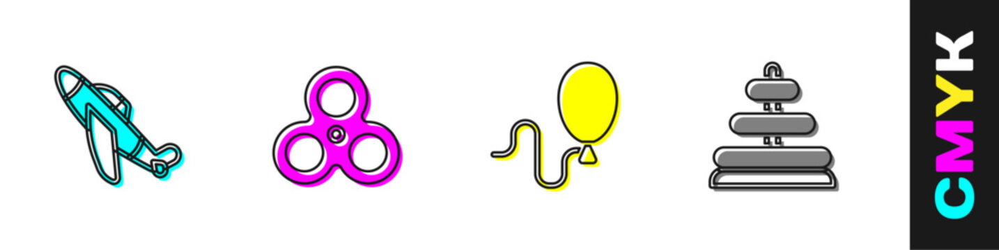 Set Toy plane, Fidget spinner, Balloons and Pyramid toy icon. Vector