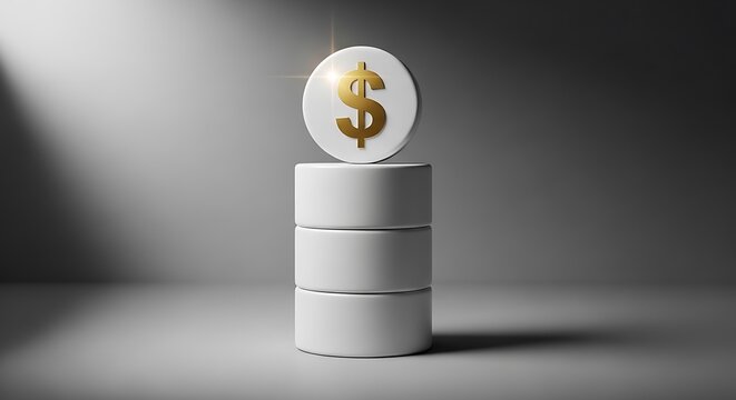 Gold dollar sign on top of white stacked round pedestals illustration