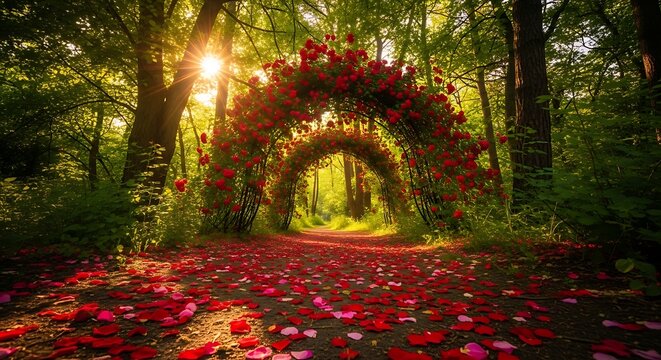 Romantic red rose archway in forest path with romantic landscape sunlight