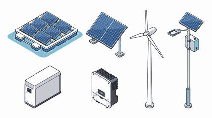 Set of isometric illustrations depicting renewable energy sources and equipment for sustainable power generation. © sep