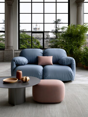 Naklejka premium Blue sofa pink pillow round coffee table ottoman large window indoor plant modern living room natural light cozy atmosphere