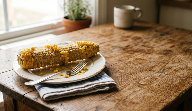 A corn cob with most kernels eaten, placed on the left side. The right side of the rustic wooden table is clear. Natural light, food photography.
