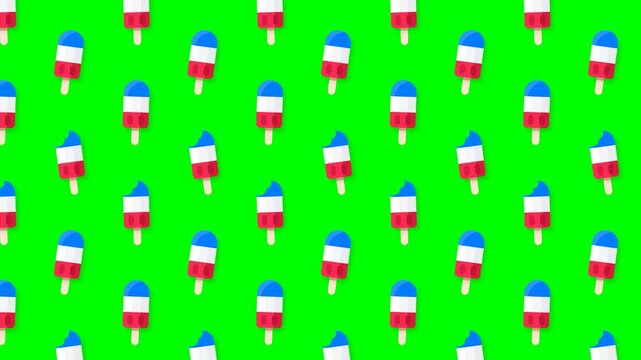Seamless loop animation of flat vector rocket popsicle ice cream pattern scrolling on chroma key green screen background