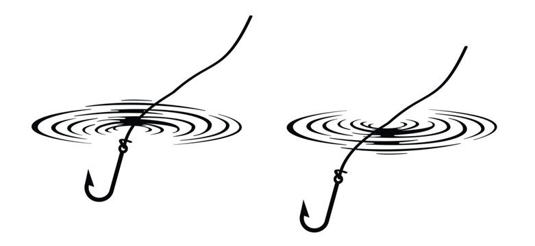 A bobber floating in the water with fish hook, with soft concentric ripples around it and a fishing line. For Fishhook or fish hook concept. Fish wobbler. National go fishing day.