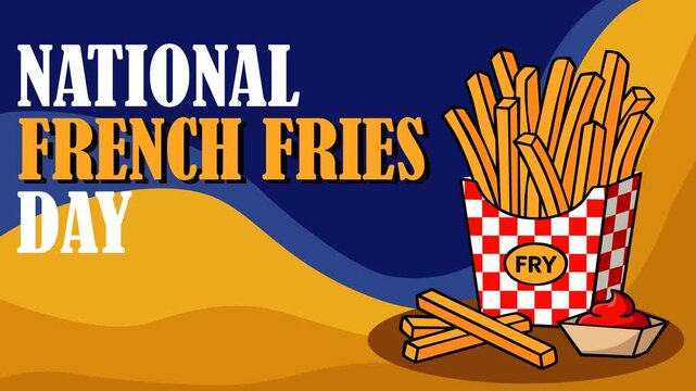 Colorful National French Fries Day themed footage featuring a basket of golden crispy fries with ketchup on a vibrant background. Perfect for food promotions, restaurant marketing, celebrations