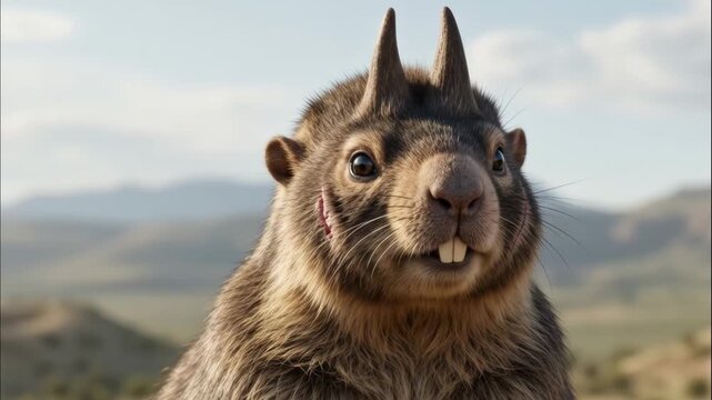 Epigaulus, Ceratogaulus hatcheri, Miocene horned rodent in prehistoric prairie, extinct mammal portrait, scientific accurate rendering