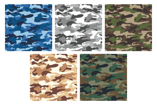 Set of 5 woodland camouflage patterns. Hunting camo seamless pattern bundle. Digital camo background. Military texture.