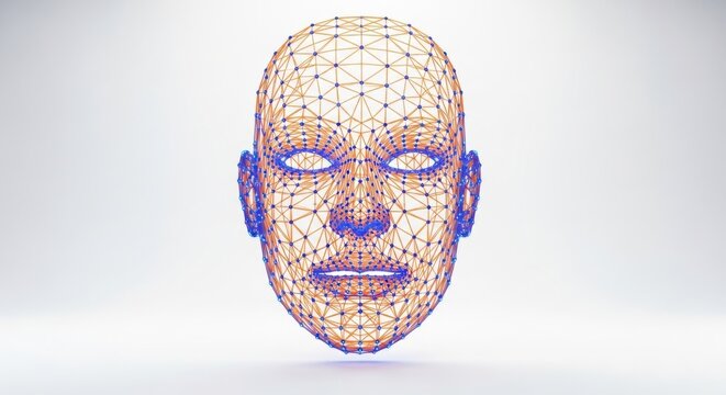Wireframe human face, 3D model, polygonal mesh, digital illustration, blue and orange