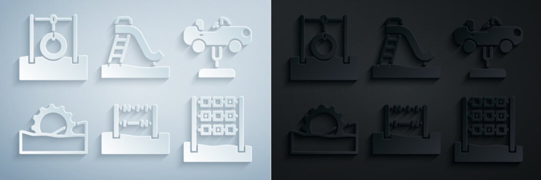 Set Abacus, Swing car, Ferris wheel, Tic tac toe game, Kid slide and Car tire hanging on rope icon. Vector