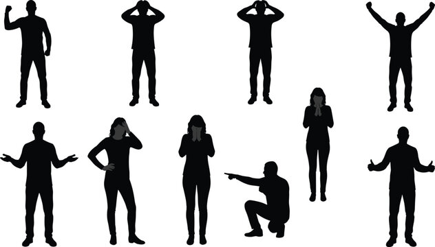 People body language silhouettes, expressing emotions, success celebration, confusion gesture, disappointment, pointing finger, human feelings vector set, isolated background
