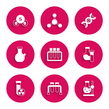 Set Test tube, flask on stand, with toxic liquid, DNA symbol and Sulfur dioxide SO2 icon. Vector