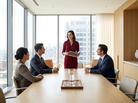 Business meeting in progress with four professionals gathered around a conference table, discussing documents in a modern office space with a city view