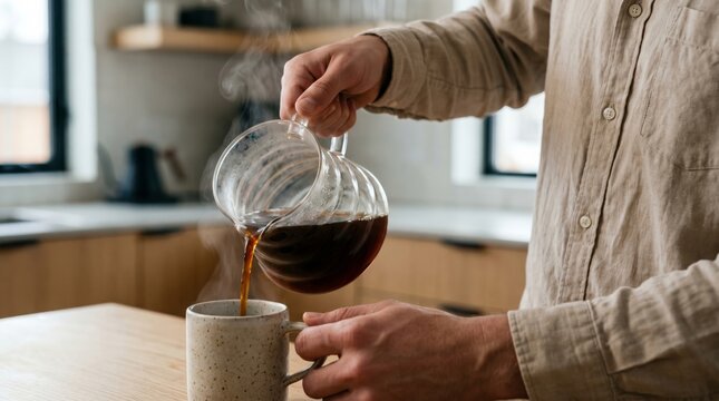 Close-up of hands pouring freshly brewed hot black coffee from a glass carafe into a ceramic cup with steam