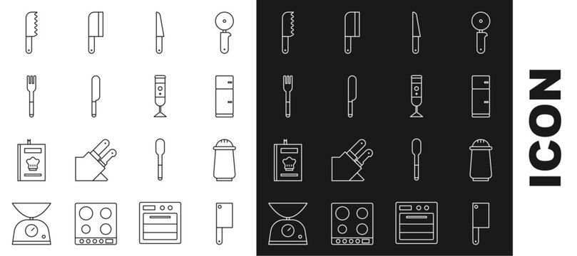 Set line Meat chopper, Salt and pepper, Refrigerator, Knife, Fork, Bread knife and Blender icon. Vector