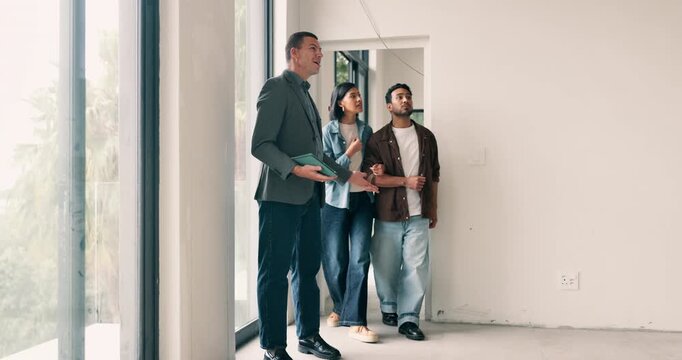 Realtor, walk and viewing with couple at new house, tour or property evaluation for real estate. Shock, people or consultant with tablet for inspection, home showcase and client guidance for purchase