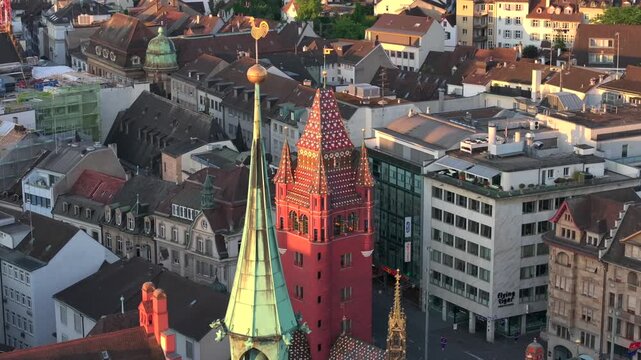 Basel Town Hall or Rotes Rathaus in Basel City Center, Switzerland on Summer Morning. Sunrise Light in Altstadt, Aerial.