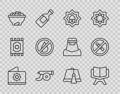 Set line Octagonal star, Holy book of Koran, Muslim Mosque, Ramadan cannon, Date fruit in bowl, No water, Turkish hat and Smoking icon. Vector