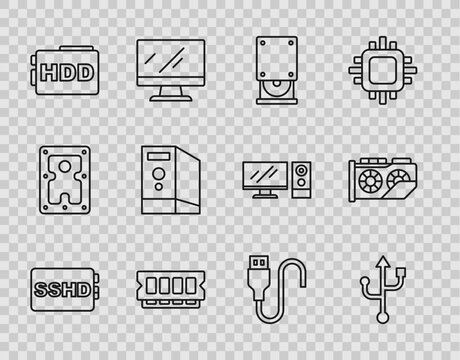 Set line SSHD card, USB, Optical disc drive, RAM, random access memory, Hard disk HDD, Case of computer, cable cord and Video graphic icon. Vector