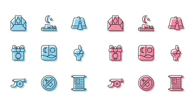 Set line Ramadan cannon, No alcohol, Donate or pay your zakat, Holy book of Koran, fasting, Hands praying position, Gift box and Muslim man prays icon. Vector