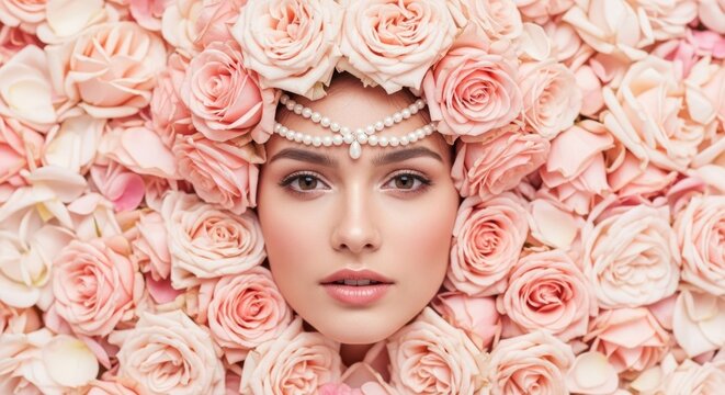 High key romantic portrait of a young woman wearing a pink rose crown with elegant pearl strands