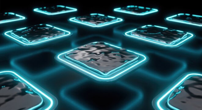 Neon-lit circuit boards, glowing blue squares, electronic components, futuristic technology, digital illustration