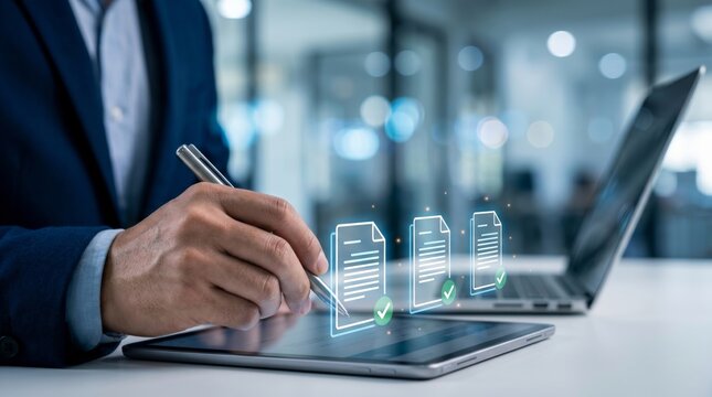 Businessman signing digital documents on tablet with holographic file approval icons for paperless corporate management and workflow efficiency