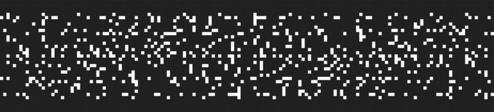 pixelated data stream banner. Monochrome random digital noise texture and binary code horizontal block background. Retro 8-bit glitch matrix pattern