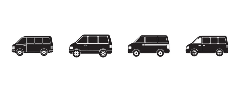  van silhouettes in different angles and side views on white background for transport and vehicle concepts